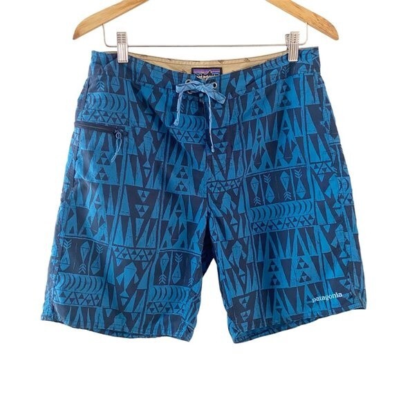 Patagonia Blue Aztec Tribal Print Men's Board-shorts Side Zip Pocket 32 - Picture 1 of 13